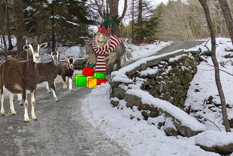 troll with holiday gifts for the three billy goats