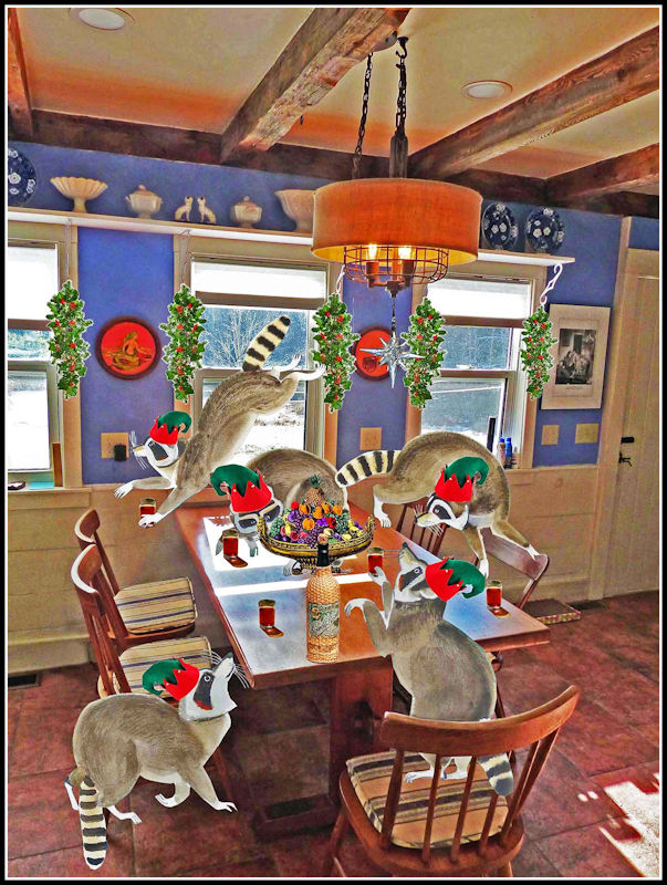 Robinhood Farm kitchen featuring five raccoons by Dahlov Ipcar, from an illustration in MY WONDERFUL CHRISTMAS TREE, used with permission, all rights reserved.  Graphic ©2021, Ipbar Productions, all rights reserved.