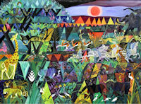 picture of Harlequin Jungle by Dahlov Ipcar with link to the song "Lands the World Has Never Seen"
